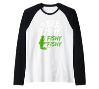 Here Fishy - Divertente Pesca in Mare e in Acqua Dolce per Bambini, Uomini e Donne Maglia con Maniche Raglan