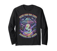 Here for The Cats Humans Are Stran Alien UFO Design Maglia a Manica