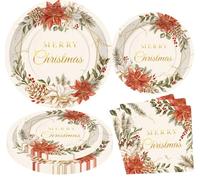 HEREER Forniture per feste di Natale, 96 piatti e tovaglioli retrò con foglie di agrifoglio di bacche e piatti da dessert per decorazioni natalizie per 24 ospiti