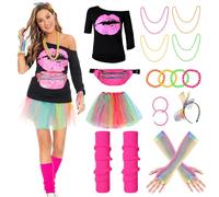Herefun Costume da donna, anni '80, anni '90, costume da donna, costume anni '80, costume da festa a tema, tutù con maglietta a marsupio, orecchini a rete