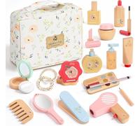 Herefun Set Trucchi Bambina in Legno Finti, 25 Pezzi Trucchi Bambina Giochicon, Set Trucco e Parrucchiere con Borsa Cosmetici e Elastici, Giocattoli Finti Montessori per Gioco di Ruolo, Regalo Bimba