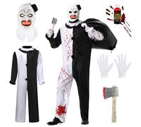 Herenear Costume Clown Horror, Art the Clown Costumi, Terrifier Costume con Maschera Terrifier Horror Tuta Bianca Nera Ascia Finta e Sangue Finto, Costumi Uomo per Halloween Carnevale Cosplay (L)