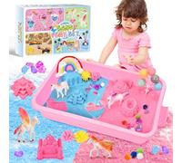 Herenear Kit di Sabbia Cinetica Unicorno - 1KG Sabbia Magica (Rosa e Blu), 4 Figure, 30 Accessori, Regalo per Bambini da 3 a 7 Anni