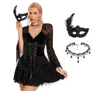 Herenear Vestito Gotico Donna, Costume Vestito Medievale Donna, Abito Retro Rinascimentale - Con Gotico Maschere e Collane, Vestito di Pizzo Nero per Cosplay, Carnevale, Feste di Halloween (XL)