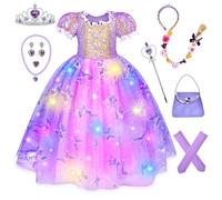 Herenear Vestito Rapunzel Luminoso Bambina, Costume Carnevale Rapunzel per Bambini da 3-12 Anni, Abito Principessa con LED, Ragazze Compleanno Partito Abiti Natale Halloween Carnevale Cosplay Abito