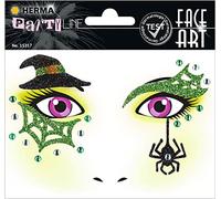 HERMA 15317 - Adesivo per viso con strega, dermatologicamente testato, rimovibile, tatuaggi temporanei, pittura per il viso glitterata, per carnevale, Halloween, bambini e adulti, colorato