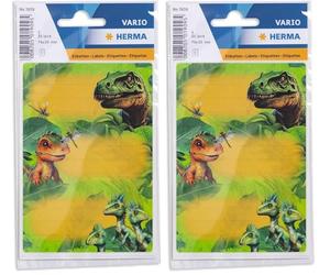 HERMA 1909 - Etichette per libri con scritta Dino World, 9 pezzi, 76 x 35 mm, autoadesive, a righe, per scuola, bambini, ragazze, ragazzi, multicolore (Confezione da 2)
