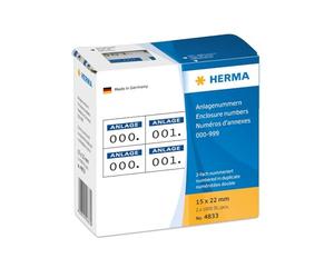 HERMA 4833 Etichette numeriche con numeri da 0 a 999, doppie (22 x 15 mm, carta opaca), autoadesive, permanenti, numeri di impianto in dispenser di cartone, 2.000 etichette, blu
