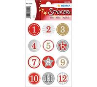 HERMA Adesivi natalizi con numeri rossi da 1 a 24 (24 adesivi, carta glitterata), autoadesivi, etichette adesive permanenti per Natale, regali, artigianato, calendario dell'Avvento, 15254
