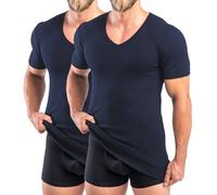 HERMKO 488710 - Confezione da 2 magliette a maniche corte da uomo extra lunghe + 6 cm, con scollo a V in vita, 100% cotone biologico, taglia: D, Blu marino, M