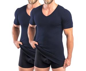 HERMKO 488710 - Confezione da 2 magliette extra lunghe a maniche corte da uomo, +6 cm, scollo a V con orlo in vita, 100% cotone biologico, taglia: D 8 = EU XXL, colore: blu marino
