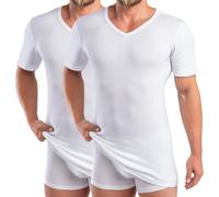 HERMKO 488710 - Maglietta a maniche corte da uomo, extra lunga, con scollo a V, 6 cm, con orlo in vita, bianco, S