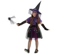 HERMORRYSS Costume da Strega Bambina, 6 Stück LED Vestito Strega, con Cappello, Scialle, Calze a Rete, Bacchetta Magica, Abito di Halloween Ragazze, Stregi Cosplay per Festa Halloween Carnevale (140)