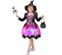HERMORRYSS Costume da Strega Bambina, LED Ragazza Vestito Strega, Vestito Magico, Gonna Maga Halloween con Cappello, Bacchetta Magica, Witch Dress per Carnevale Compleanni Cosplay Festa (140)