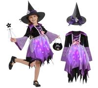 HERMORRYSS Costume da Strega Bambini, 4 Pezzi Carnevale Costume di Streghetta, Abito + Cappello + Bacchetta Magica + Borsa, LED Abito da Strega per Feste, Compleanni e Party di Halloween (110)