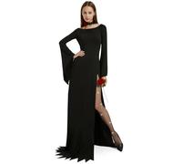 HERMORRYSS Costume Morticia, con Calze a Rete Diamantate Bianche, Collan, Rosa, Vestito Morticia Addams Donna, Abito Nero con Spalla Scoperta, Costume da Famiglia-Adams Halloween Cosplay (S)