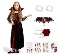 HERMORRYSS Costume Vampiro Bambina, Vestito Vampira Bambina, Costume Halloween Ragazza con Collana di Rubini, Dentiere e Adesivi, Regina Gotico Reale Vampire per Carnevale, Festa a tema, Cosplay (L)