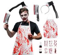 HERMORRYSS Grembiule Sanguinoso, Costume Macellaio Halloween, Butcher Costume Horror con Coltello Sanguinante, Adesivi e Fascia per la Testa, Zombie Insanguinata Vestiti, Da Uomo e da Donna (-1)