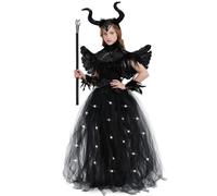 HERMORRYSS Malefica Costume Bambina, Maleficent Costume per Ragazze con Scettro, Ali e Accessori, Abiti da Regina Malvagia per Bambini, Set Abito da Sera in Tulle per Halloween Carnival Cosplay (M)