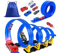 HERMORRYSS Pista Auto per Bambini, 5 Metri Pista da Corsa Giocattolo con 6 Auto da Corsa e Rampa, Pista Flessibile Auto da Corsa, Costruibile Liberamente, Regalo per Bambini e Bambine 3+ Anni (Blu)