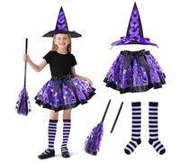 HERMORRYSS Strega per bambini, costume di Halloween per ragazza, vestito con luci, cappello, bacchetta, viola garza strega, gonna luminosa per carnevale, cosplay, rave feste