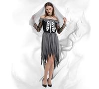 HERMORRYSS Vestito Sposa Cadavere Donna, Vestito Halloween Sposa Cadavere, Abito da Sposas Nero Halloween con Velo e Collana, SposaS Fantasma per Halloweens, Abito Spettrale per Feste e Party (L)