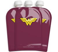 Herobility DC Wonder Women Food Pouch 180 ml / 6 Fl Oz - Sacchetti per bambini, riutilizzabili, sostenibili, design a prova di perdite, doppia chiusura lampo, senza BPA, confezione da 3