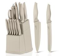 Herogo Ceppo portacoltelli con 15 coltelli e acciaio affilato, set di coltelli da cucina in acciaio inox ad alto tenore di carbonio, coltello da bistecca seghettato, rivestimento antiaderente per