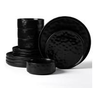 Herogo Set da Cena in 12 Pezzi, Set di Stoviglie in Gres per 4 Persone, Piatti e Ciotole da Pranzo con Smalto Reattivo, Adatti a Forno a Microonde e Lavastoviglie, Resistente a Schegge e Graffi, Nero