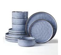 Herogo Set di stoviglie da 12 pezzi, in gres porcellanato, per 4 persone, piatti e ciotole in smalto reattivo, adatto al microonde e alla lavastoviglie, resistente a scheggiature e graffi, blu