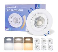 Heromind Set di 6 Faretti a LED per Cartongesso, 230V 5W IP44, Tripla Temperatura Colore 3000K/4500K/6000K, Foro 69-79mm, Spot LED con Angolo Regolabile
