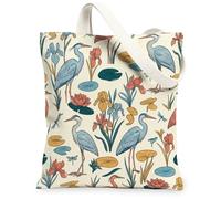 Heron Canvas Tote Bag per le donne, Natura Floreale Ninfea Iris Primavera Teal Lavabile Riutilizzabile Shopping Bag Idee per Shoppin, Verde acqua, 13x15 Inch