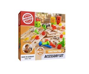 HEROS Constructor HE0027 - Set di accessori da 75 pezzi, set di espansione per giocattoli da costruzione in legno, con componenti in legno, viti, ruote e dadi, certificato FSC®, Made in Germany, 3+