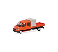 Herpa modello di auto MAN TGE doppia cabina con pianale e semitelone per sicurezza cantieri, arancione comunale, in scala 1:87, pezzo da collezione, modello tedesco, statuetta plastica