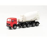 Herpa Basic modello di camion Iveco Unic trattore con betoniera semirimorchio, rosso/bianco, in scala 1:87, modello base economico, tedesco, statuetta plastica