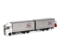 Herpa camion in miniatura Mercedes-Benz Actros autotreno jumbo telonato con carrello elevatore "Wilkening", miniatura in scala 1:87, pezzo da collezione, Made in Germany, plastica