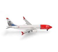 Herpa Modellino aereo Norwegian Air Shuttle Boeing 737 Max 8 - SE-RTA "Charles Lindbergh", miniatura in scala 1:500, pezzo da collezione, modello di aereo senza base, metallo
