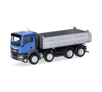 herpa Modellino camion MAN TGS NN ribaltabile 4 assi, blu/argento, miniatura in scala 1:87, da collezione, Made in Germany, in plastica