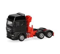 Herpa Modellino camion MAN TGX GX trattore con gru di carico 3 assi (6x4), nero, miniatura in scala 1:87, pezzo da collezione, Made in Germany, plastica