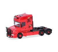 Herpa Modellino camion Scania Hauber 04 Topline trattore 3 assi (6x4), rosso, miniatura in scala 1:87, pezzo da collezione, Made in Germany, plastica