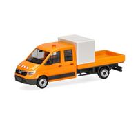 Herpa modello di auto MAN TGE doppia cabina con pianale e semitelone per sicurezza cantieri, arancione comunale, in scala 1:87, pezzo da collezione, modello tedesco, statuetta plastica