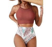 Herseas Women's Bikini Sets Solid High Neck Top Floral Print Bikini Bottom High Rise Two Pieces Swimsuits Cute Teen Tummy Control Brick Red Bathing Suits X-Small