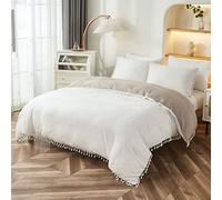 Herside Set copripiumino con nappe, 3 pezzi, elegante, con frange, colore bianco e tortora, reversibile, in microfibra, ultra morbida, con chiusura a cerniera, colore: Bianco e tortora, king size
