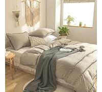 Herside Set copripiumino matrimoniale, color tortora, bohémien, shabby chic, 3 strati con pompon, frangiato, morbido, in microfibra, con 2 federe (tortora, matrimoniale)