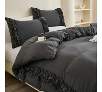 Herside Set copripiumino matrimoniale grigio scuro carino volant set di biancheria da letto shabby chic a 2 strati design increspato boho fattoria copripiumino con chiusura a cerniera