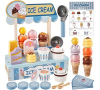HERSITY Carretto Gelati Giocattolo Gelateria Bambini Legno, Accessori Cucina Bambina Giochi Legno Cibo, Gioco di Ruolo Ragazzi Ragazze 3 4 5 Anni, Blu