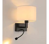 Hertl Lampada da parete in metallo nero con faretto a LED, applique da parete minimalista moderno nordico apparecchio di illuminazione paralume in tessuto cilindrico, lampada da parete for lettura stu