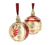 Hervit Box 2 Sfere Vetro SOFFIATO Dia.10CM Decoro Champagne/Rosso con Nastro Rosso Scatola Regalo.
