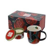 Hervit Set Mug Nera in Porcellana con Rose Baccarat + Candela Profumata Cookies e Scatola Regalo - Tazza tè Tisana Elegante con Rose Candela Decorativa Profumo Biscotti - Kit Regalo Donna Mamma Amica