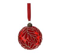 Hervit Sfera Rossa Vetro Soffiato Trasparente con Foglie in Velluto con Glitter Oro - Scatola Regalo - 2 Dimensioni 2 Colori - Palla Addobbo Albero Natale - Decorazione Natalizia - Ø10cm